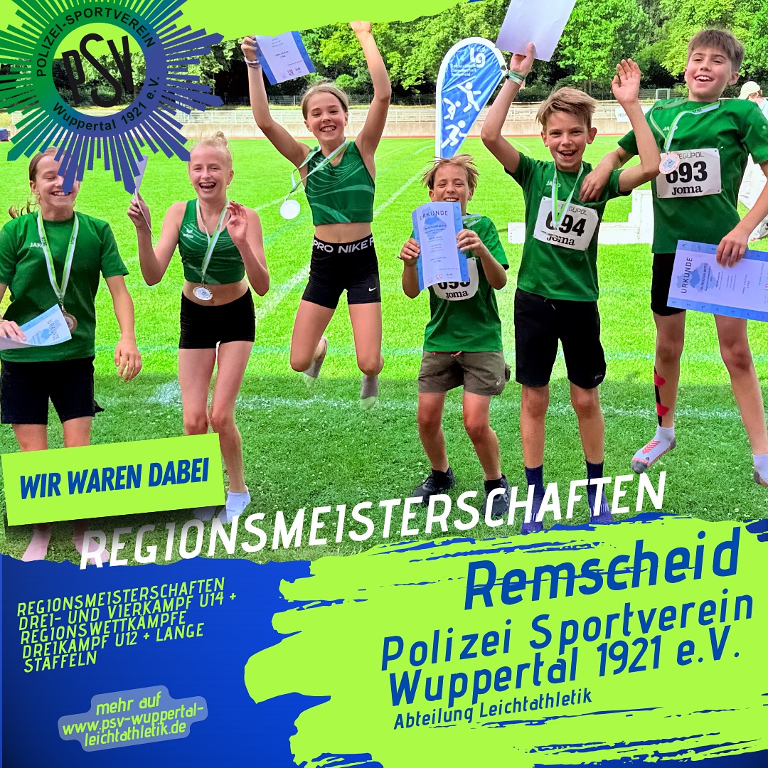 🏃‍♀️🏃‍♂️ Regionsmeisterschaften Remscheid 2025 🏆
📅 28. Juni | 📍 Remscheid 

3x800m – U14 Zeitläufe
Ein erfolgreicher Tag für den PSV Wuppertal bei den Regionsmeisterschaften in Remscheid!

💙 Weibliche Jugend U14 – REGIONS V I Z E MEISTER!
Jana Stanic (2012), Sophia van Look (2013) und Neele Johanna Leven (2013) liefen mit 8:20,30 min als Zweite durchs Ziel – und sichern sich damit den 2. Platz in der Regionswertung, hinter OSC Waldniel (außer Konkurrenz) und vor der LG Remscheid.
🥇 WJU14 | 2./I

🔥 Männliche Jugend U14 – STARKER 3. PLATZ!
Auch unsere Jungs zeigten eine tolle Teamleistung!
Oskar Bleidißel (2013), Jona Schwedler (2014) und Jonathan Kaufmann (2013) liefen mit 8:22,77 min auf einen verdienten 3. Platz in der Regionswertung.
🥉 MJU14 | 3./I

Ein rundum erfolgreicher Wettkampftag für unseren Nachwuchs – weiter so! 💪
#PSVWuppertal #Leichtathletik #Regionsmeisterschaft #3x800m #U14 #Remscheid2025 #Teamwork #Nachwuchsleistung #WJU14 #MJU14 #StolzAufEuch
#psvwuppertalleichtathletik